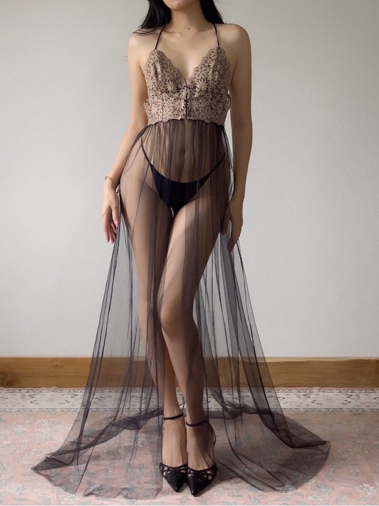 Victoria's Secret Other - Victoria’s Secret Black Mesh & Brown Floral Embroidered Open Front Slip